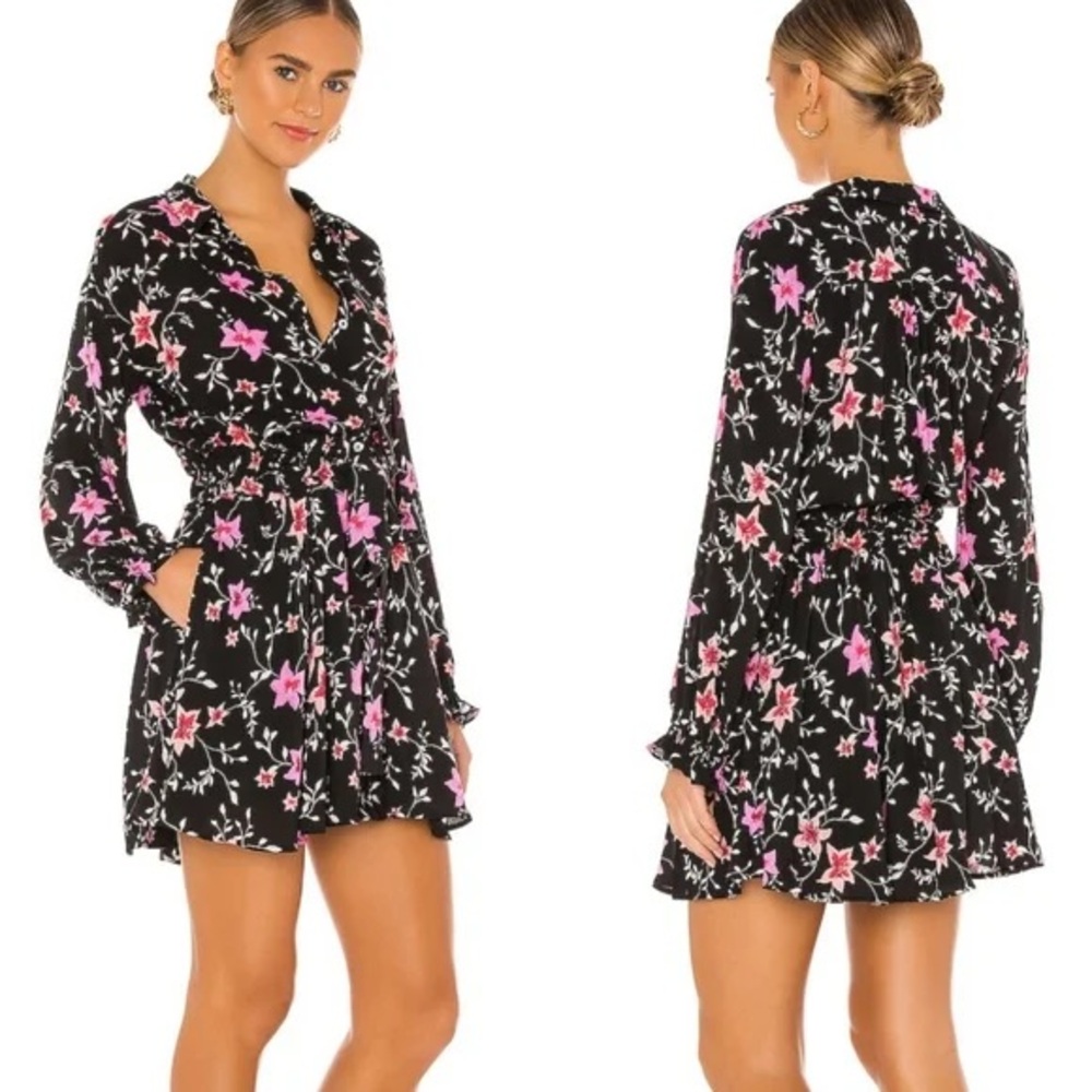 Free People Floral Button Front Mini Dress – Black Pink – Size M